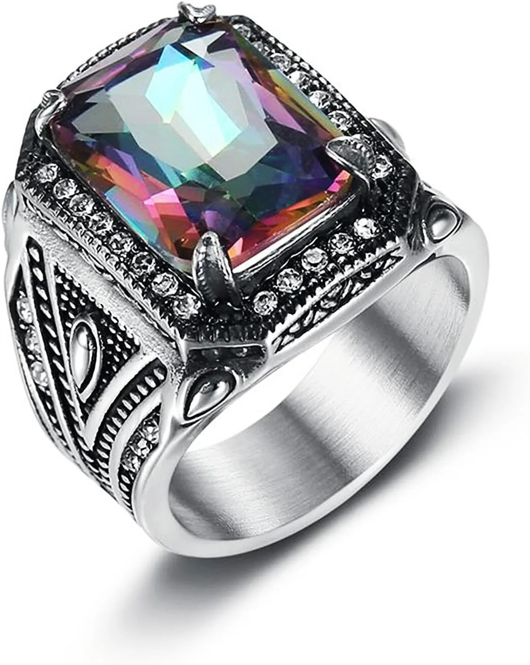 ICED OUT Eagle Crawl Multi-color Stone Rings for Men Square Pattern Religion's ring Stainless Steel Jewelry Rings for Men rings for Christian Heavy Metal ring Party