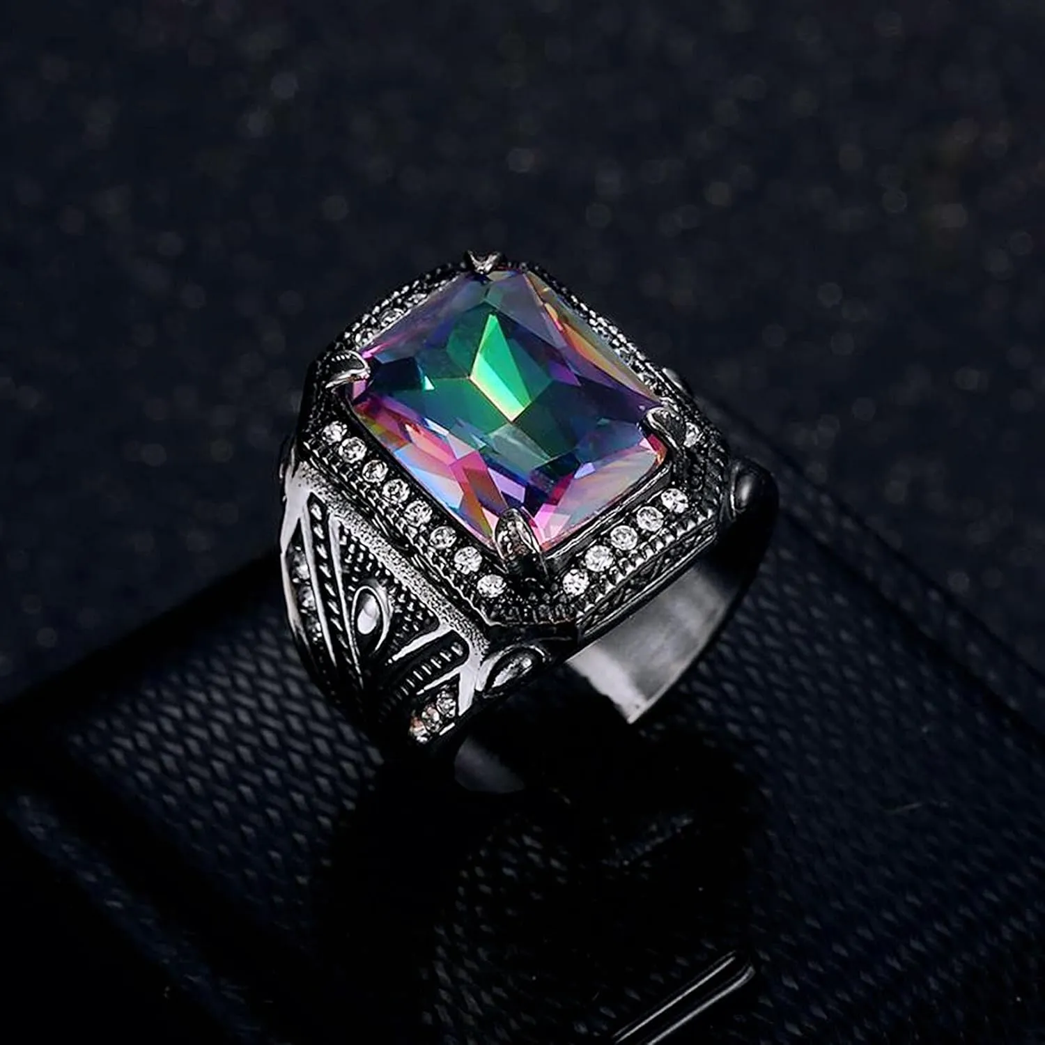 ICED OUT Eagle Crawl Multi-color Stone Rings for Men Square Pattern Religion's ring Stainless Steel Jewelry Rings for Men rings for Christian Heavy Metal ring Party