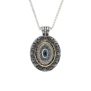 Keith Jack Sterling Silver   14k Gilded Synthetic Blue Sapphire & CZ Oval Filigree Shield Pendant