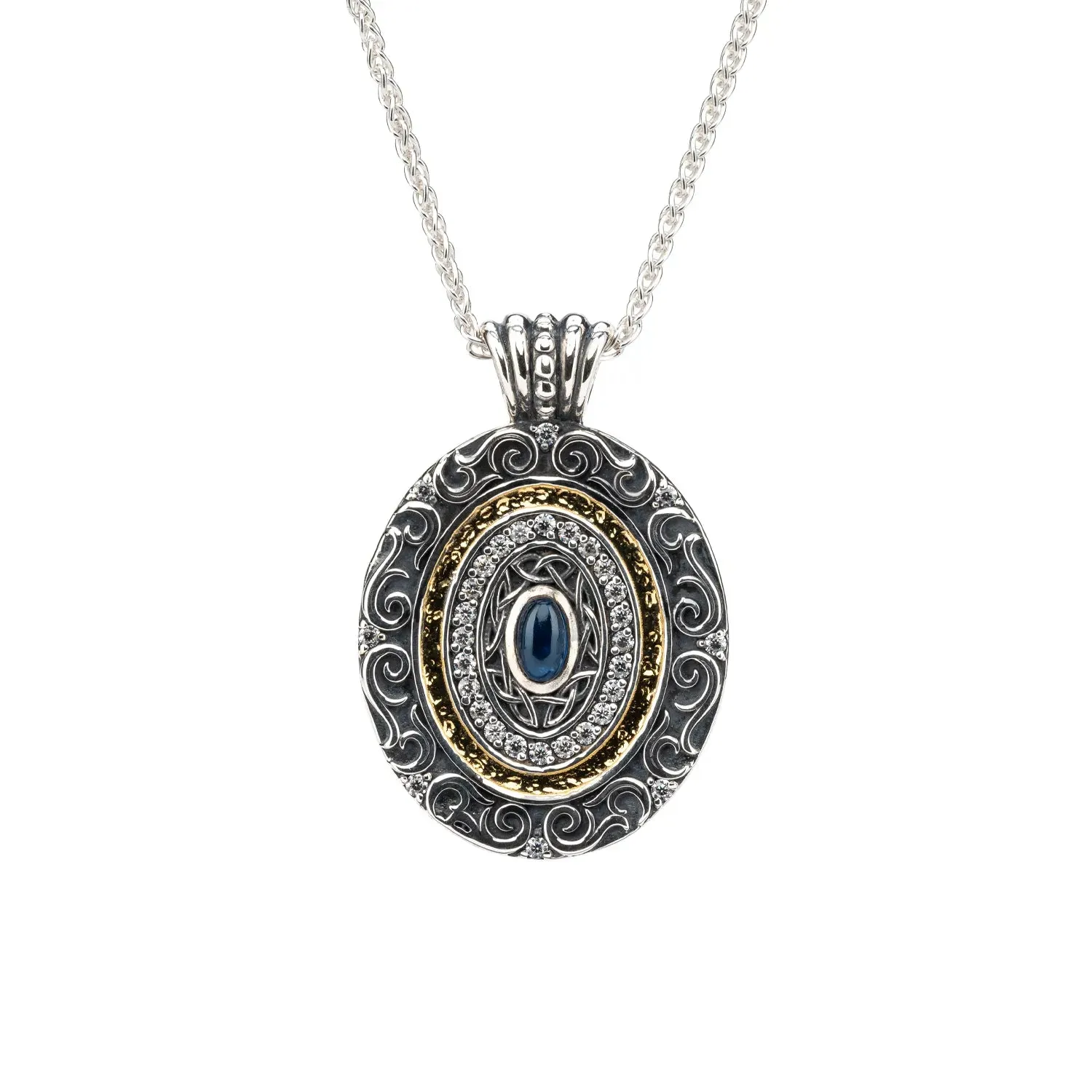 Keith Jack Sterling Silver   14k Gilded Synthetic Blue Sapphire & CZ Oval Filigree Shield Pendant