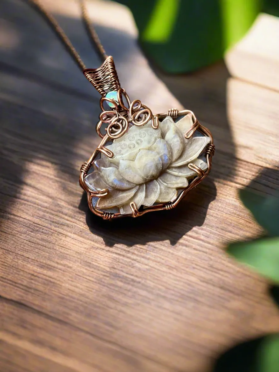 Labradorite & Peach Moonstone Lotus Pendants