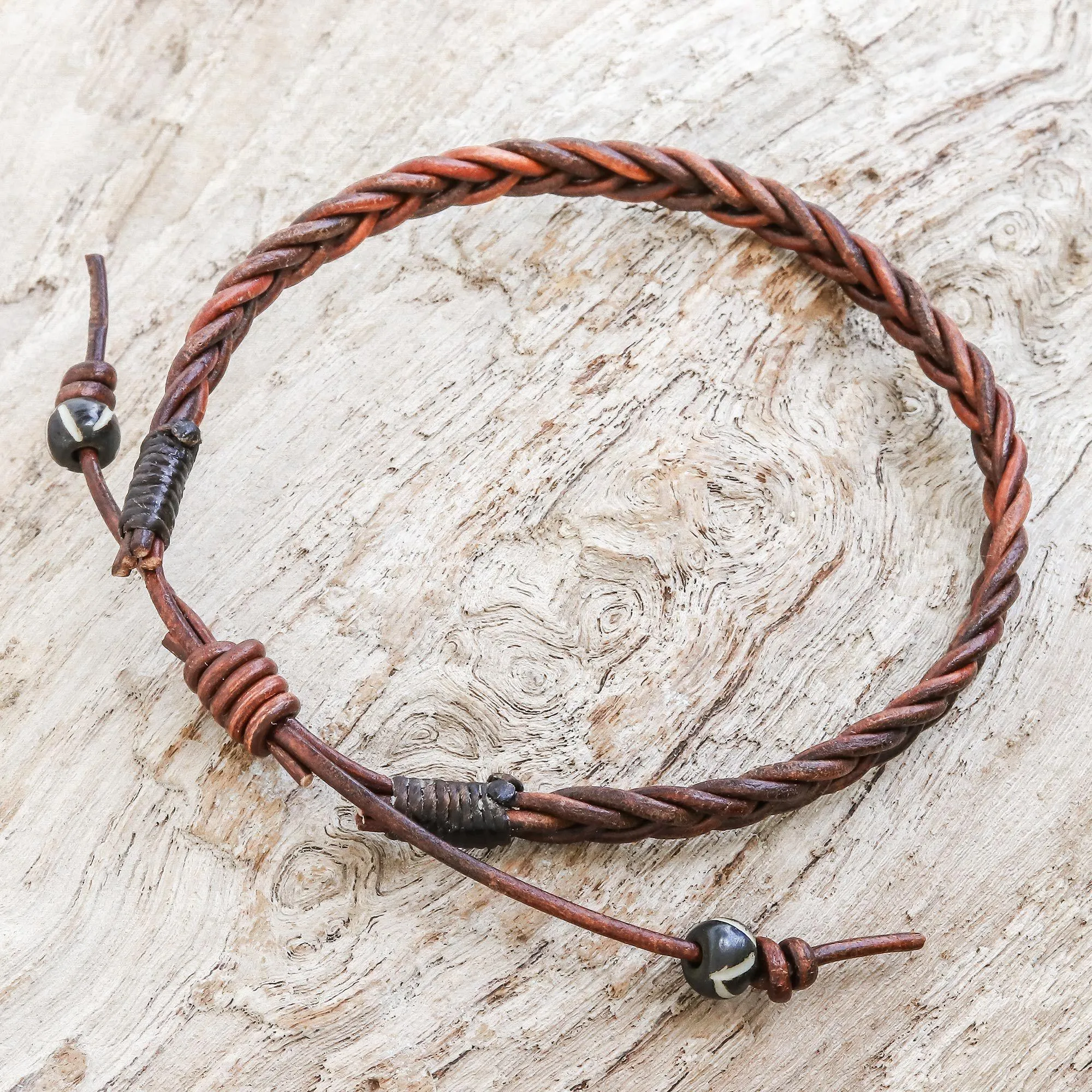 Leather & Cow Bone Braided Men's Bracelet