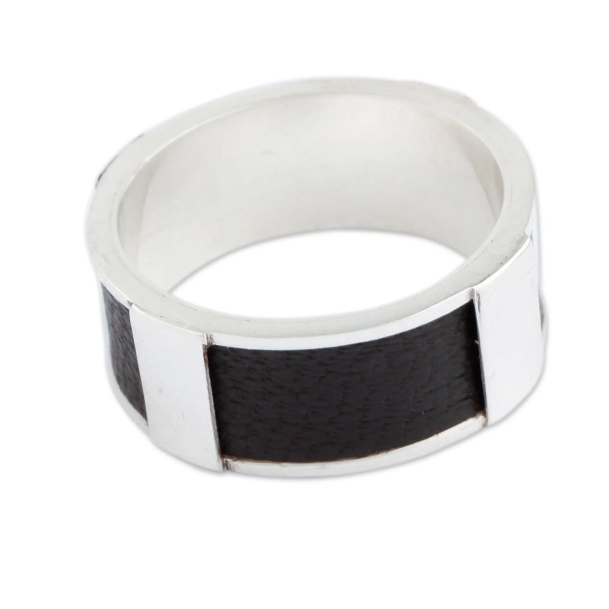 Leather Minimalist Artisan Crafted Leather Accent Sterling Silver Band Ring