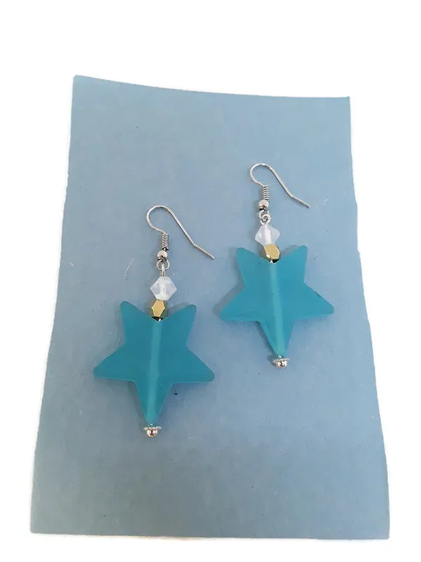 Light Blue Star Resin Bead Earrings with White Czech Glass Beads