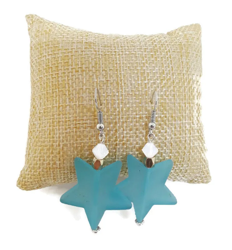 Light Blue Star Resin Bead Earrings with White Czech Glass Beads