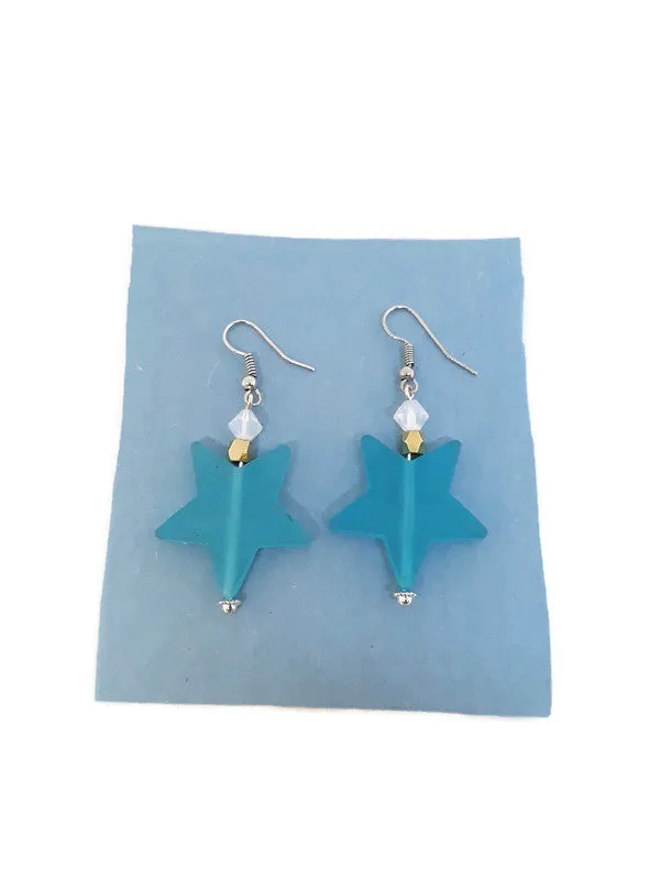 Light Blue Star Resin Bead Earrings with White Czech Glass Beads