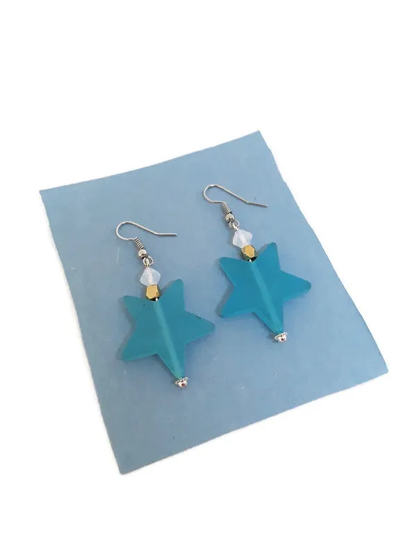 Light Blue Star Resin Bead Earrings with White Czech Glass Beads
