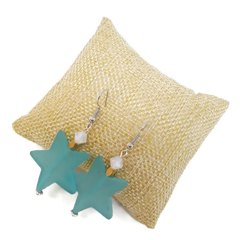 Light Blue Star Resin Bead Earrings with White Czech Glass Beads
