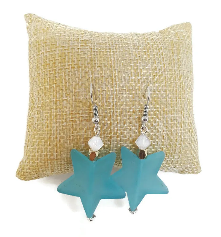 Light Blue Star Resin Bead Earrings with White Czech Glass Beads