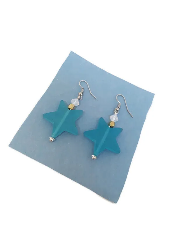 Light Blue Star Resin Bead Earrings with White Czech Glass Beads