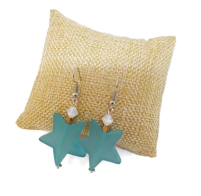 Light Blue Star Resin Bead Earrings with White Czech Glass Beads