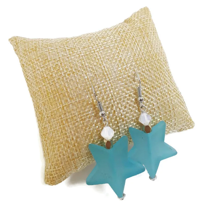 Light Blue Star Resin Bead Earrings with White Czech Glass Beads