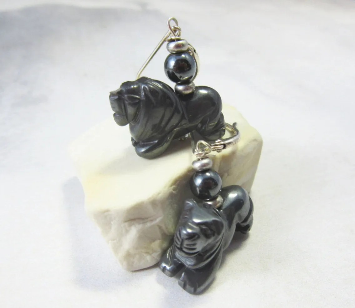 Lion Earrings, Carved Hematite Earrings -  Zoo Keeper Earrings - Lion Jewelry Animal Themed Gift for Safari Guide or science mammologist