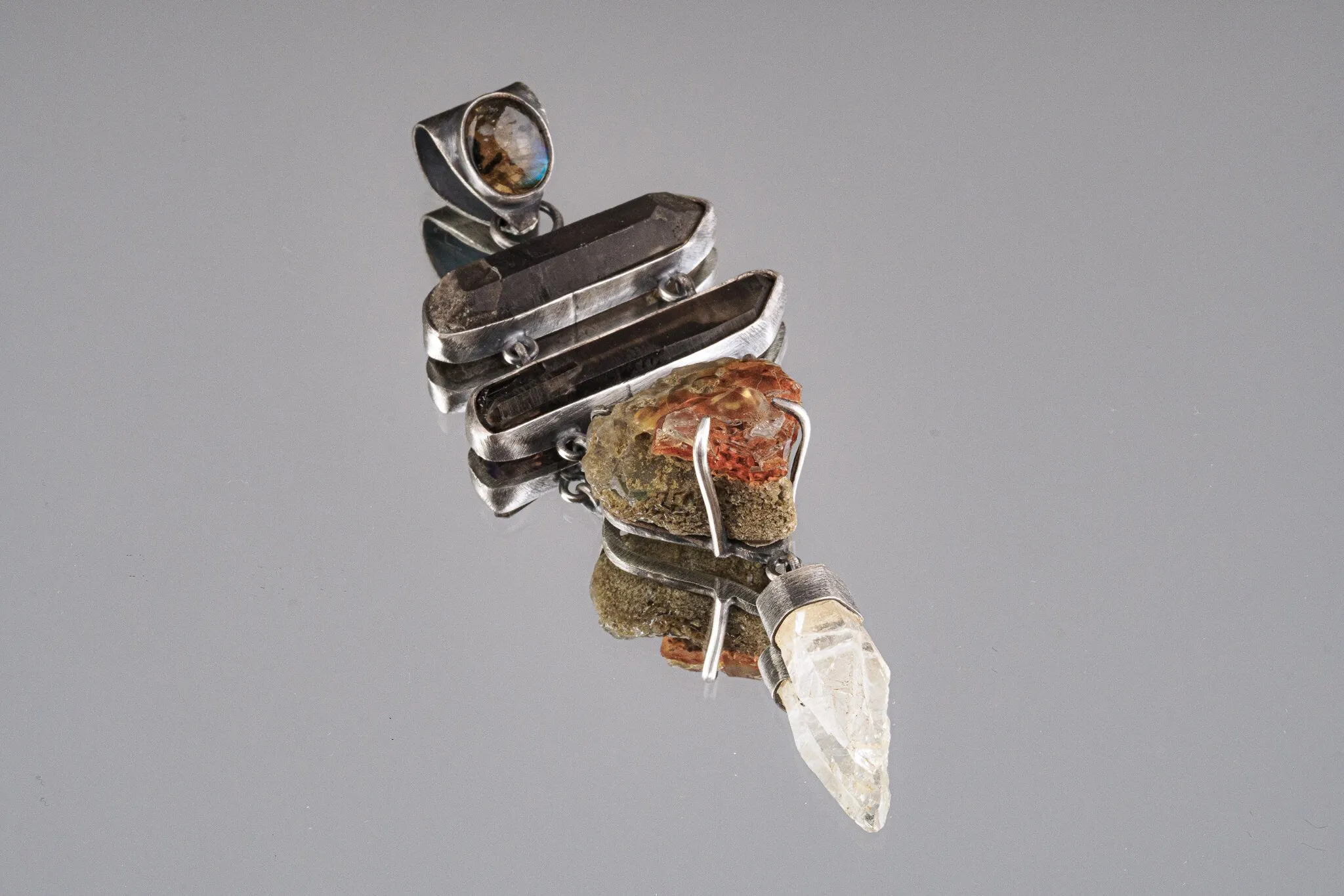 Local Opal on matrix, Smoky Quartz & ancient white quartz with a watchful Labradorite - Textured oxidized Sterling Silver  - Crystal Pendant