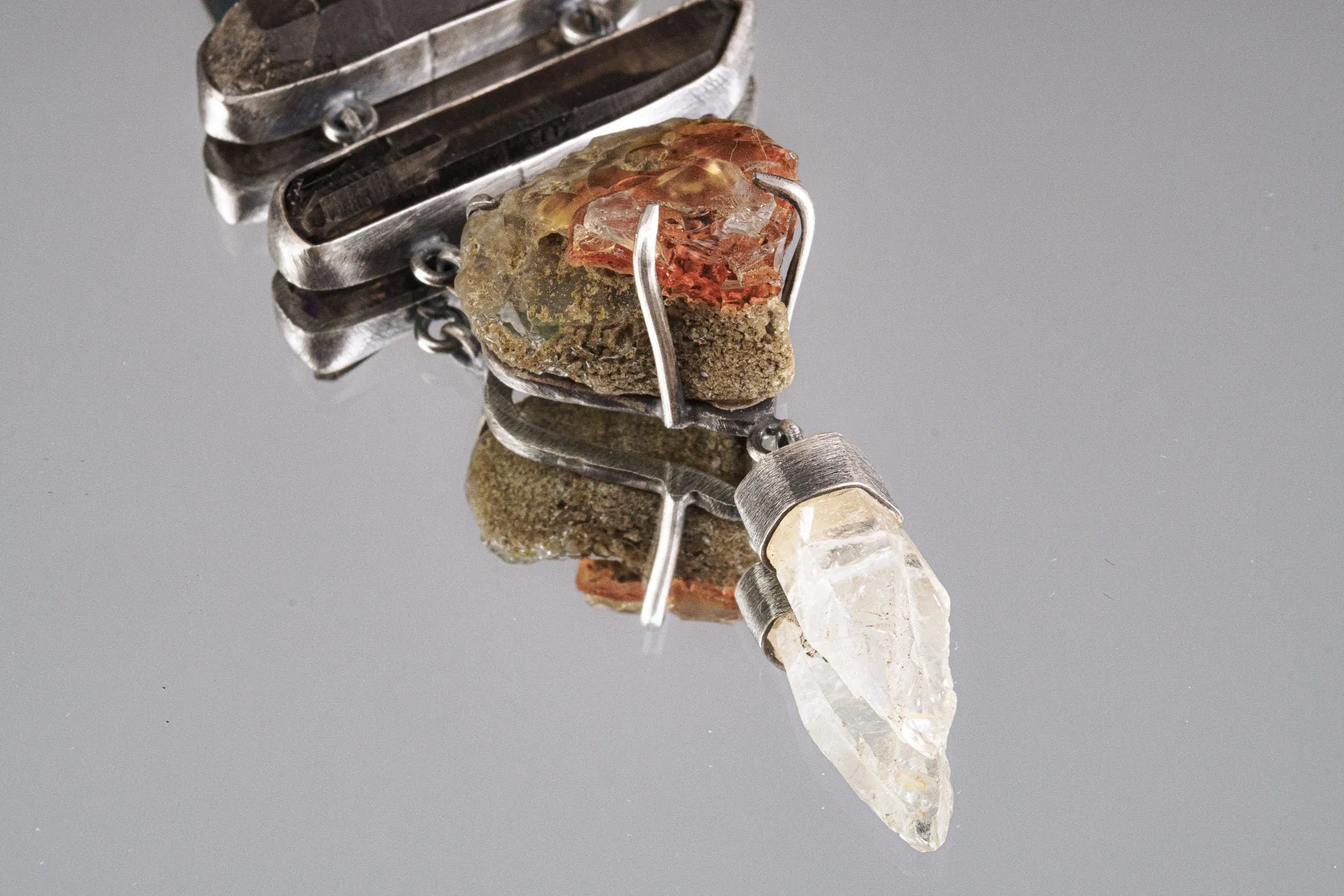 Local Opal on matrix, Smoky Quartz & ancient white quartz with a watchful Labradorite - Textured oxidized Sterling Silver  - Crystal Pendant