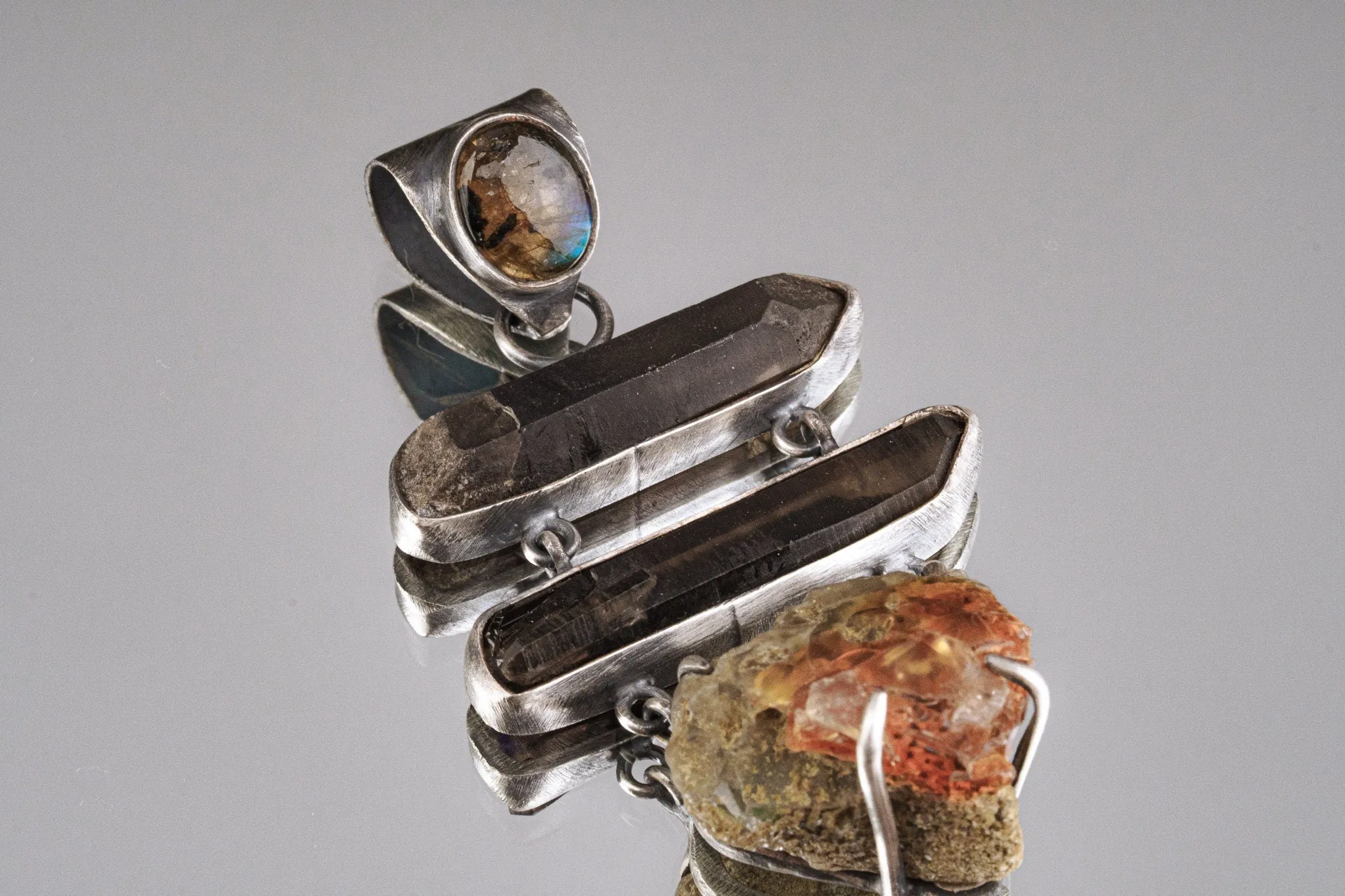 Local Opal on matrix, Smoky Quartz & ancient white quartz with a watchful Labradorite - Textured oxidized Sterling Silver  - Crystal Pendant