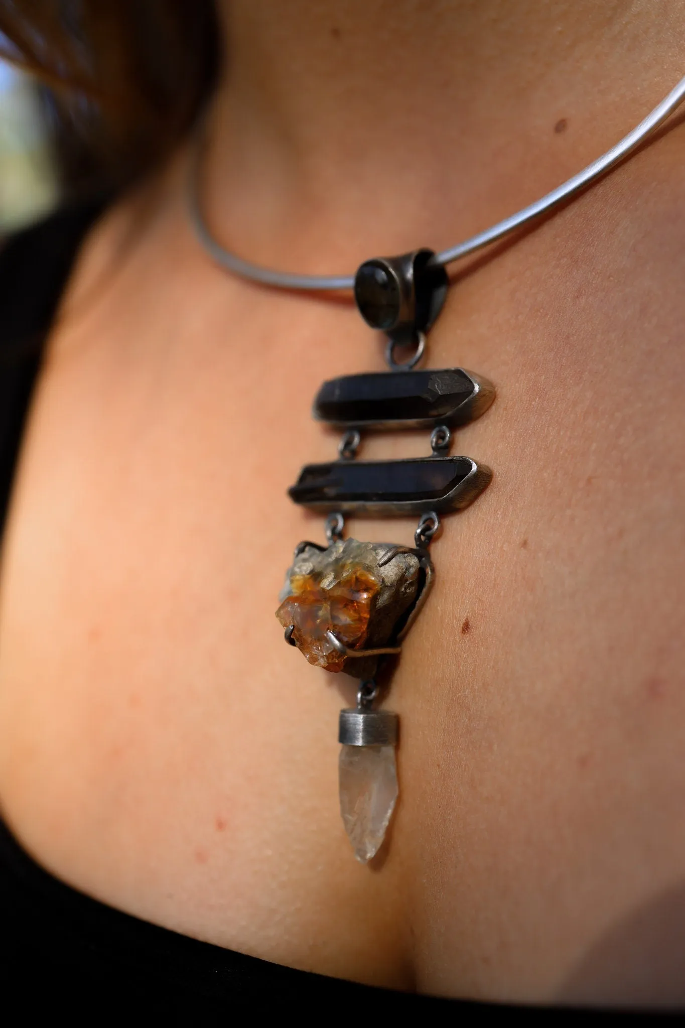 Local Opal on matrix, Smoky Quartz & ancient white quartz with a watchful Labradorite - Textured oxidized Sterling Silver  - Crystal Pendant