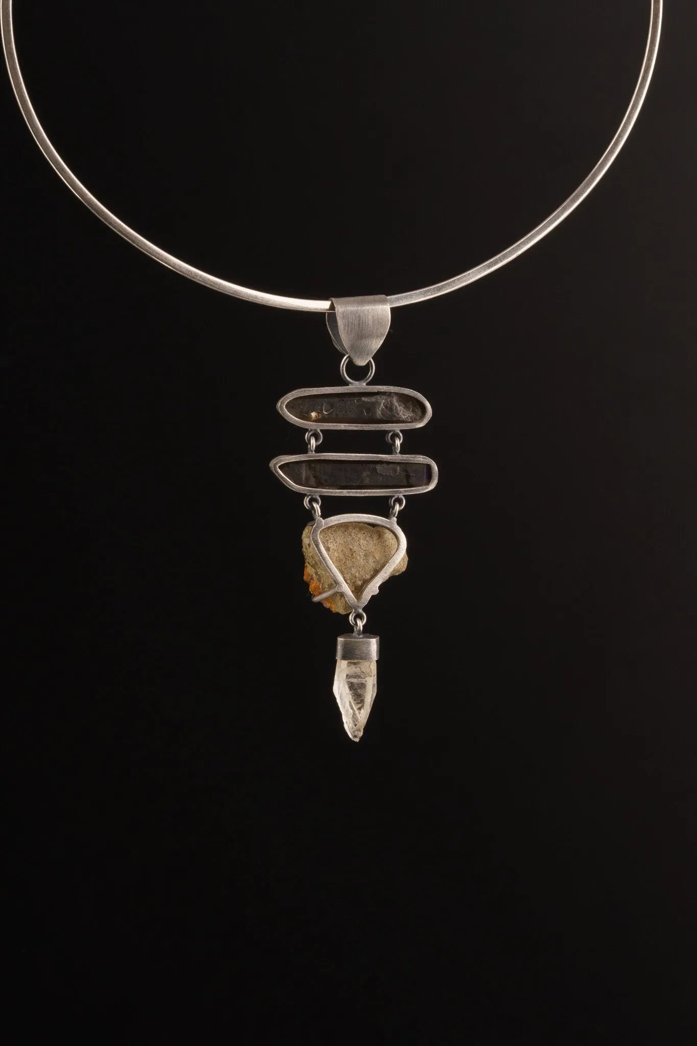Local Opal on matrix, Smoky Quartz & ancient white quartz with a watchful Labradorite - Textured oxidized Sterling Silver  - Crystal Pendant