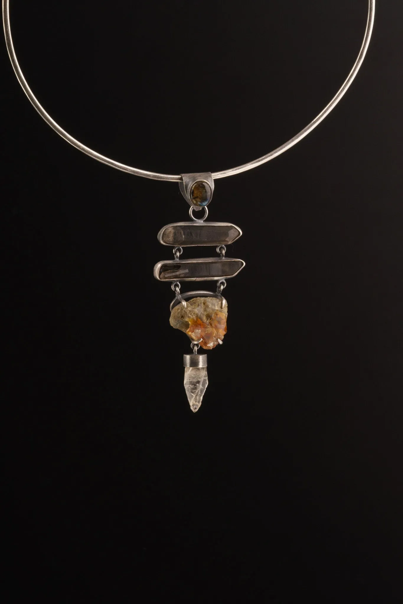 Local Opal on matrix, Smoky Quartz & ancient white quartz with a watchful Labradorite - Textured oxidized Sterling Silver  - Crystal Pendant