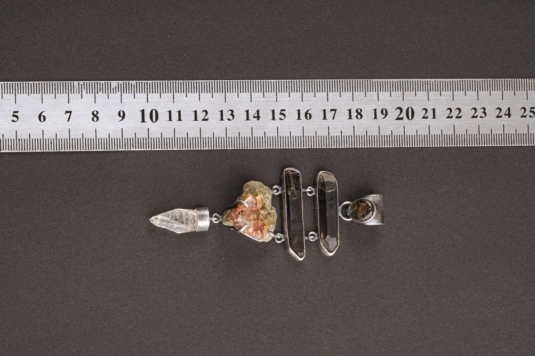 Local Opal on matrix, Smoky Quartz & ancient white quartz with a watchful Labradorite - Textured oxidized Sterling Silver  - Crystal Pendant