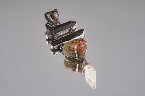 Local Opal on matrix, Smoky Quartz & ancient white quartz with a watchful Labradorite - Textured oxidized Sterling Silver  - Crystal Pendant