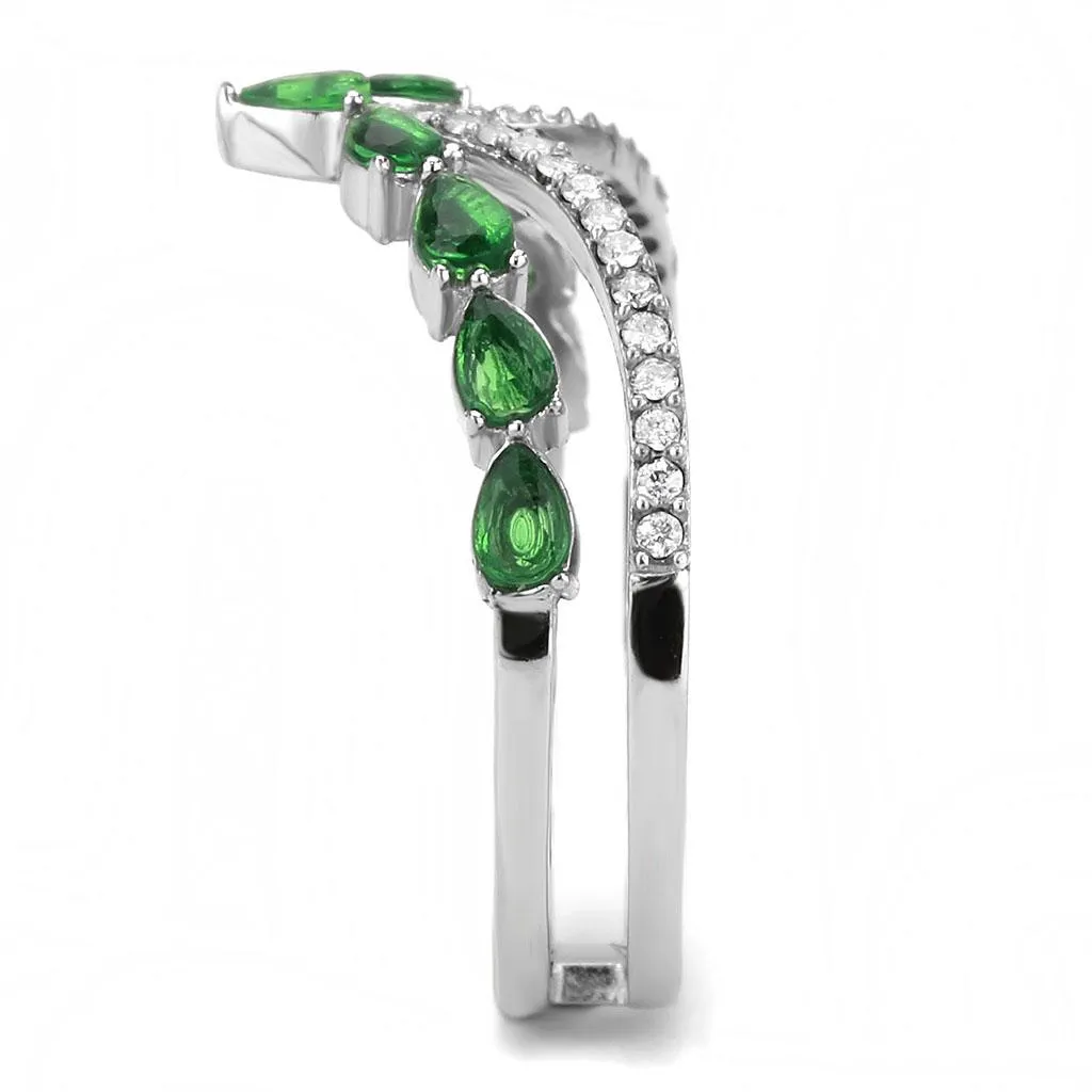 LOVCIA Elegant Stainless Steel Ring with Emerald-Colored Synthetic Glass Stone