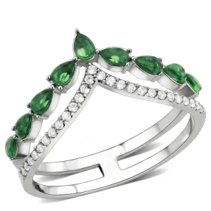 LOVCIA Elegant Stainless Steel Ring with Emerald-Colored Synthetic Glass Stone