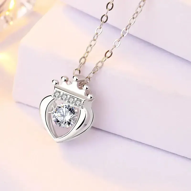 LOVCIA Women Dancing CZ Heart Crown 925 Sterling Silver Pendnat
