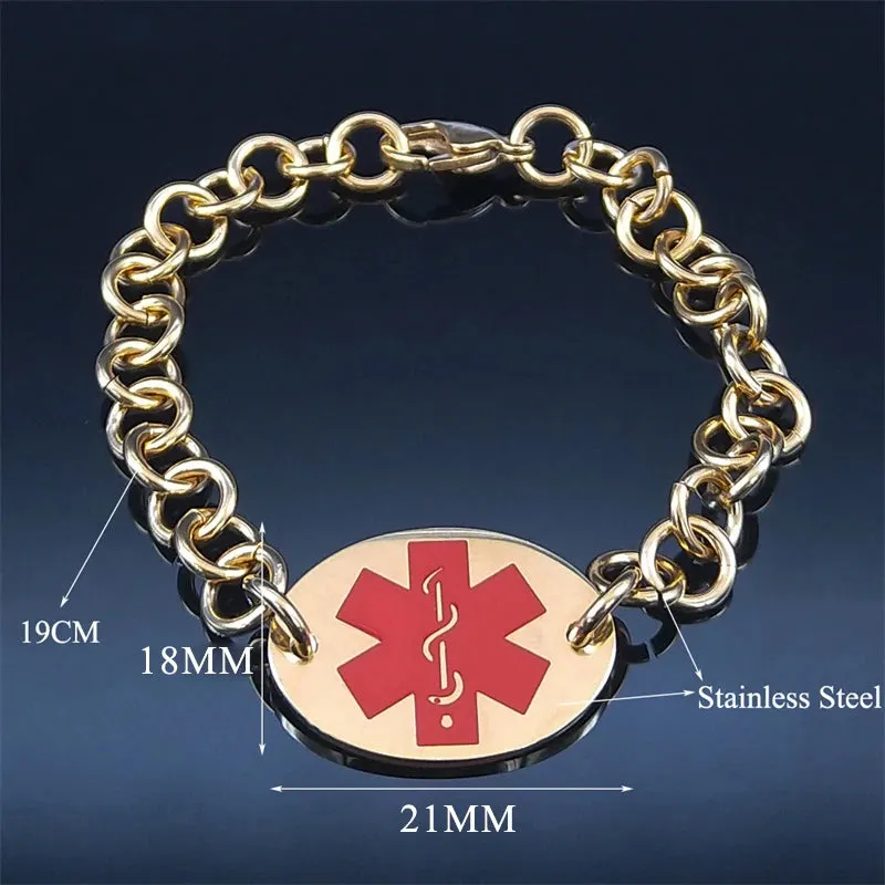 Medical Alert ID Chain Bracelet Gold Color Stainless Steel Emergency Reminder Charm Bracelets
