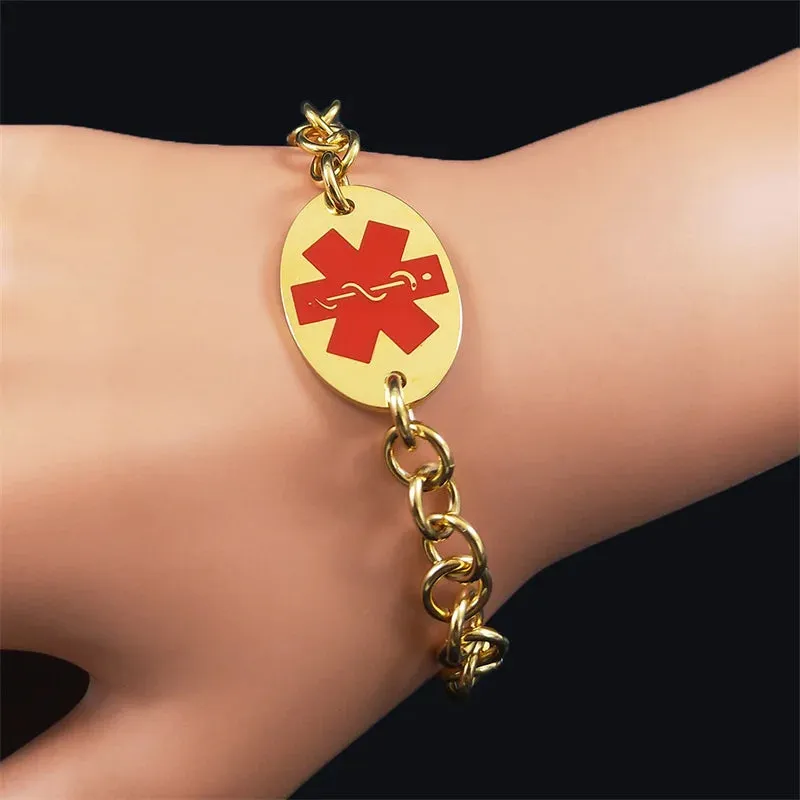 Medical Alert ID Chain Bracelet Gold Color Stainless Steel Emergency Reminder Charm Bracelets