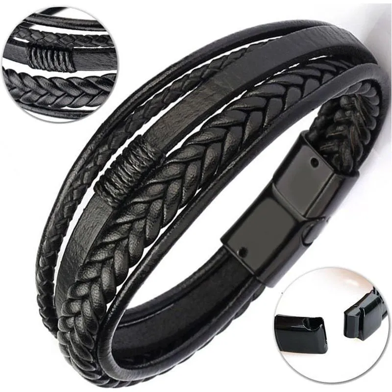 Men's Trendy Leather Braided Alloy Magnetic Clasp Bracelets