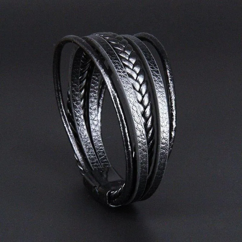 Men's Trendy Leather Braided Alloy Magnetic Clasp Bracelets