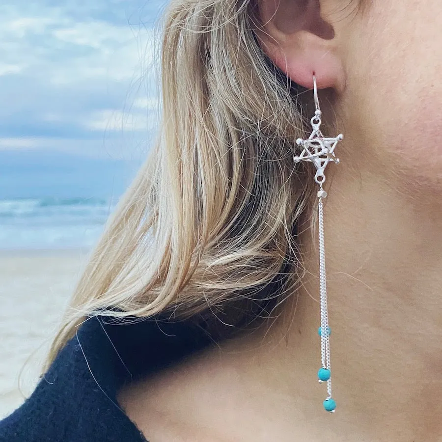 Merkaba Sacred Geometry Earrings silver chain & Turquoise