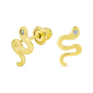 Minimalist CZ Stud Earrings: Tiny Serpent Snake Design in 14K Yellow Gold