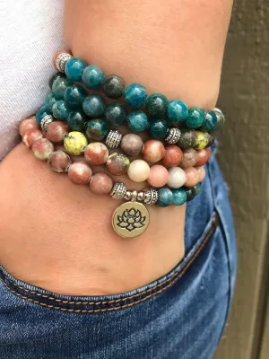 Natural Apatite and Rhodonite 8mm 108 Mala Beads, Spiritual, Meditation Beads, Reiki, Japa Mala, Buddhist Prayer Beads, Yoga Bracelet, healing beads LKMALA-RRGU-3342
