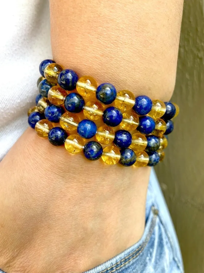 Natural Lapis Lazuli and Citrine 8mm 108 Mala Beads, Spiritual, Meditation Beads, Reiki, Japa Mala, Buddhist Prayer Beads, Yoga Bracelet, healing beads LKMALA-RRGU-1181