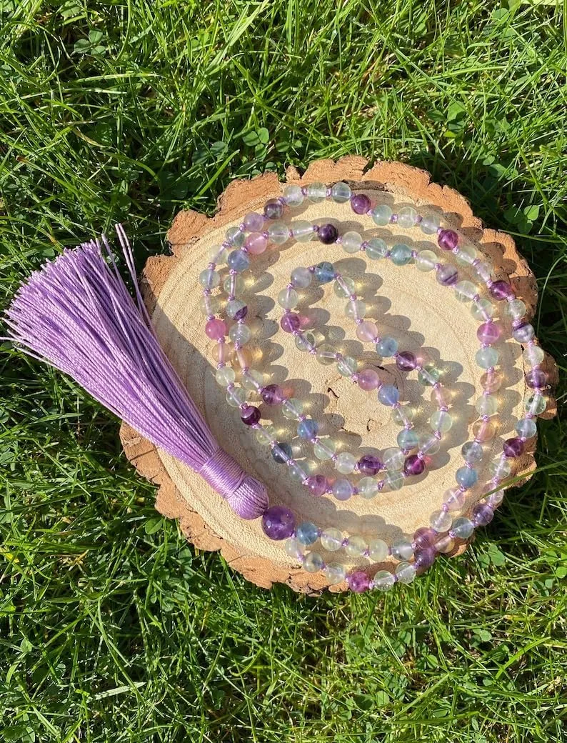 Natural Rainbow Flourite with Amethyst 6mm-8mm 108 Mala Beads, Spiritual, Meditation Beads, Reiki, Japa Mala, Buddhist Prayer Beads, Yoga Bracelet, healing beads LKMALA-RRGU-513, 34 inch