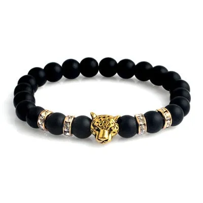 Natural Stone Beads Lucky Charm Matte Black Onyx Matt Tiger Leopard Bracelets for Men
