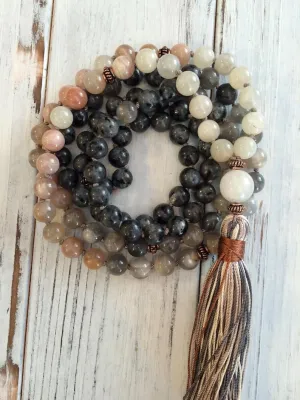 Natural White, Peach, Gray and Black Moonstone 6mm 108 Mala Beads, Spiritual, Meditation Beads, Reiki, Japa Mala, Buddhist Prayer Beads, Yoga Bracelet, healing beads LKMALA-RRGU-3841, 34 inch