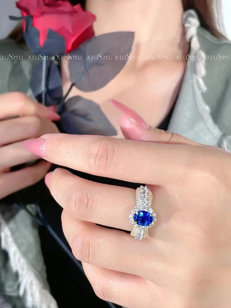 New Egg Shaped Blue Treasure Ring Set with High Quality AAAAA High Carbon Diamonds, Elegant Design,  Fine Rings