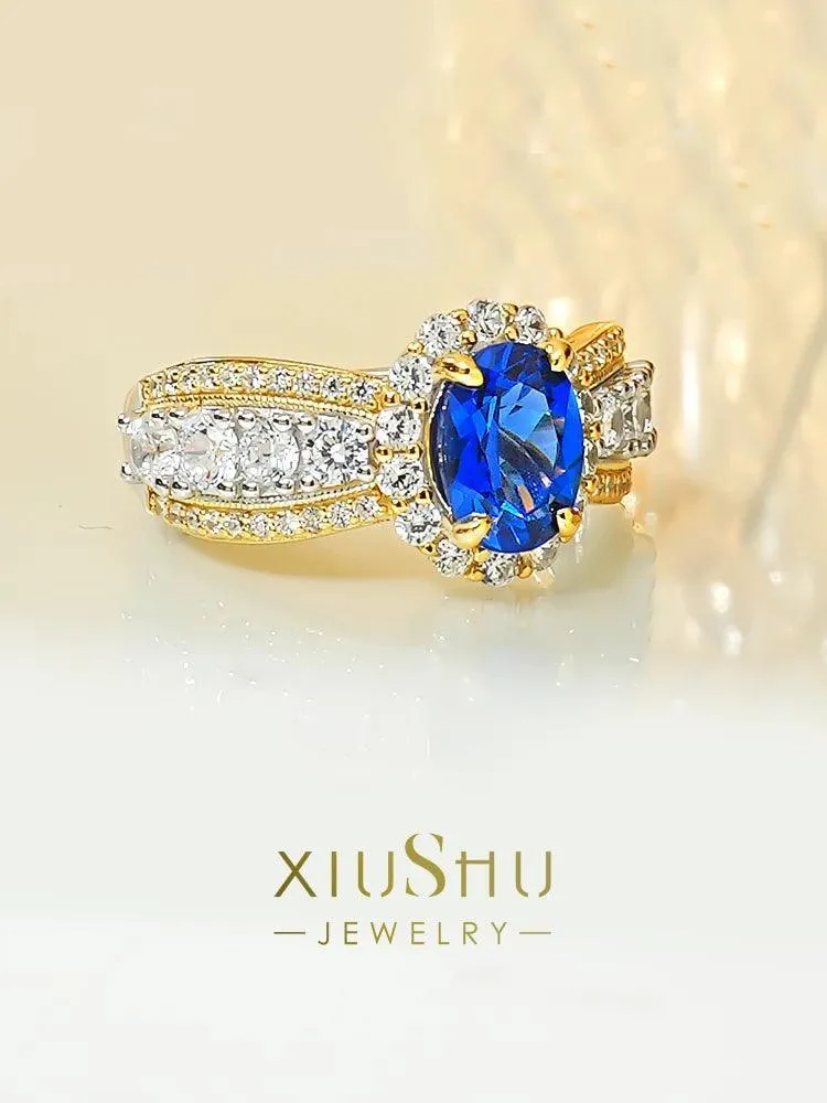 New Egg Shaped Blue Treasure Ring Set with High Quality AAAAA High Carbon Diamonds, Elegant Design,  Fine Rings