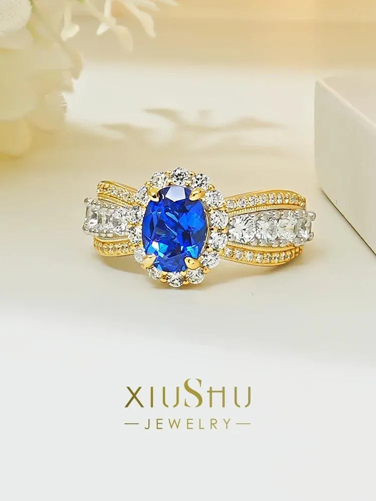 New Egg Shaped Blue Treasure Ring Set with High Quality AAAAA High Carbon Diamonds, Elegant Design,  Fine Rings