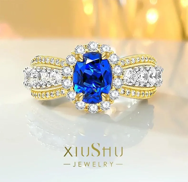 New Egg Shaped Blue Treasure Ring Set with High Quality AAAAA High Carbon Diamonds, Elegant Design,  Fine Rings