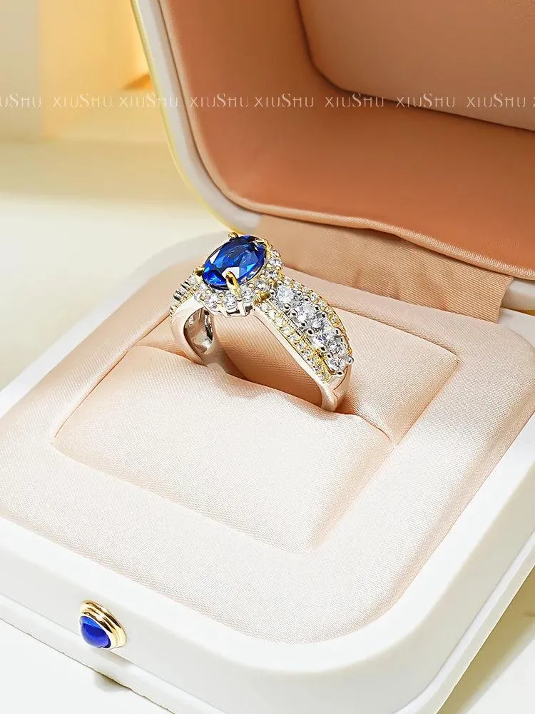 New Egg Shaped Blue Treasure Ring Set with High Quality AAAAA High Carbon Diamonds, Elegant Design,  Fine Rings
