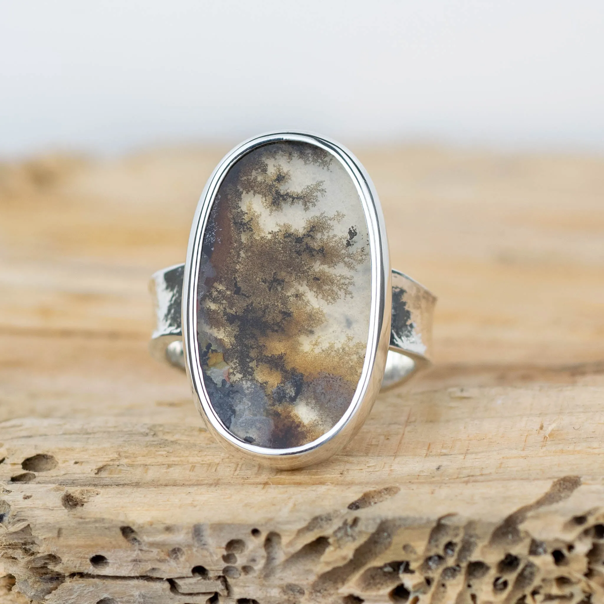 No.338 - Silver Dendritic Agate Ring - Size K
