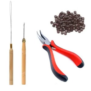 Orgrimmar Hair Extension Tool Kit Hair Extension Remove Pliers Pulling Hook 500 PCS Micro Silicone Rings Bead Device Tool Kits for Professional Hair Styling Tools Accessory  (Brown)