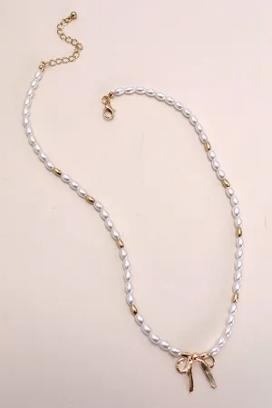Pearl and Gold Bead Bow Pendant Necklace