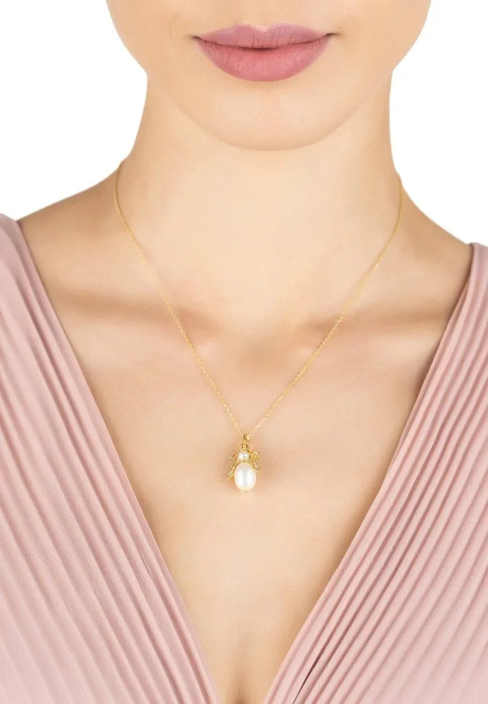 Pearl Gemstone Bee Pendant Necklace Gold