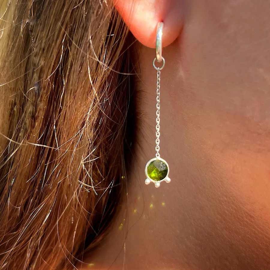 Peridot Gemstone Earrings August birthstone with chain on Sterling Silver hoops