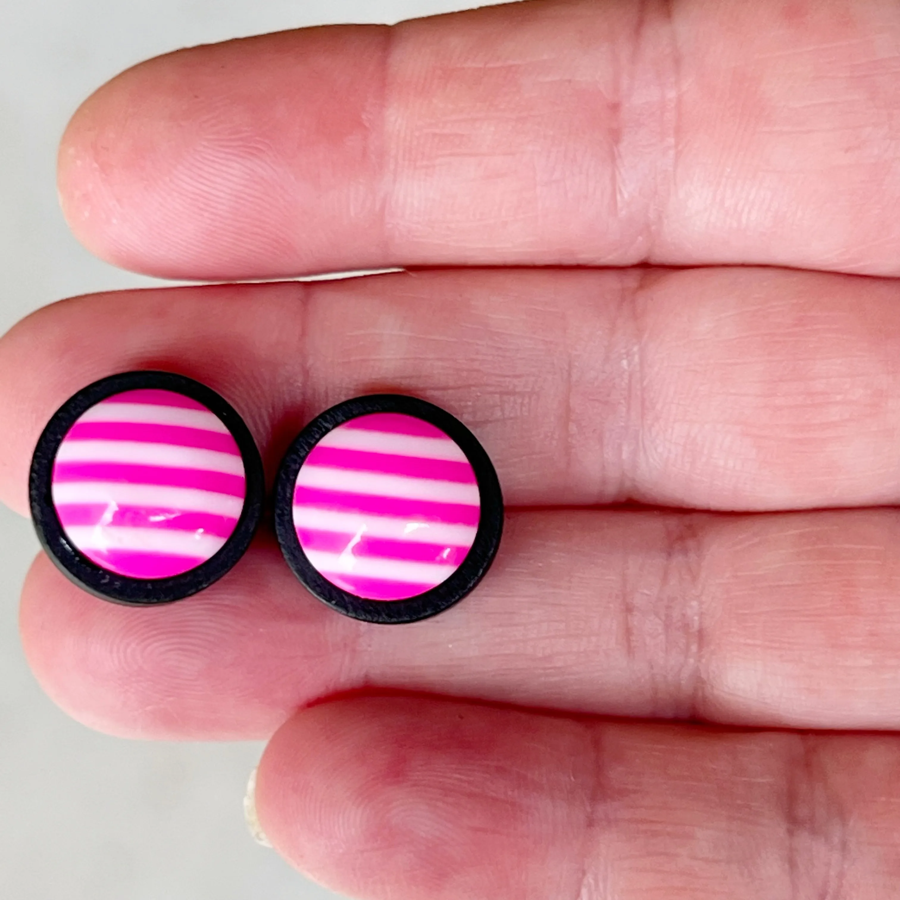 Pink & White Striped Black Wood Stud Earrings - Chic & Playful Accessories